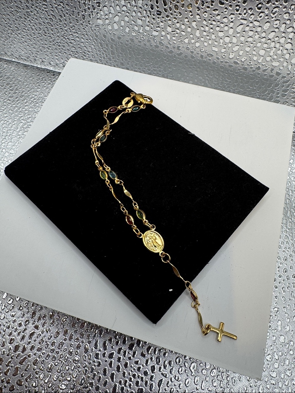 Gold-Tone Multi-Stone Rosary Bracelet with Cross